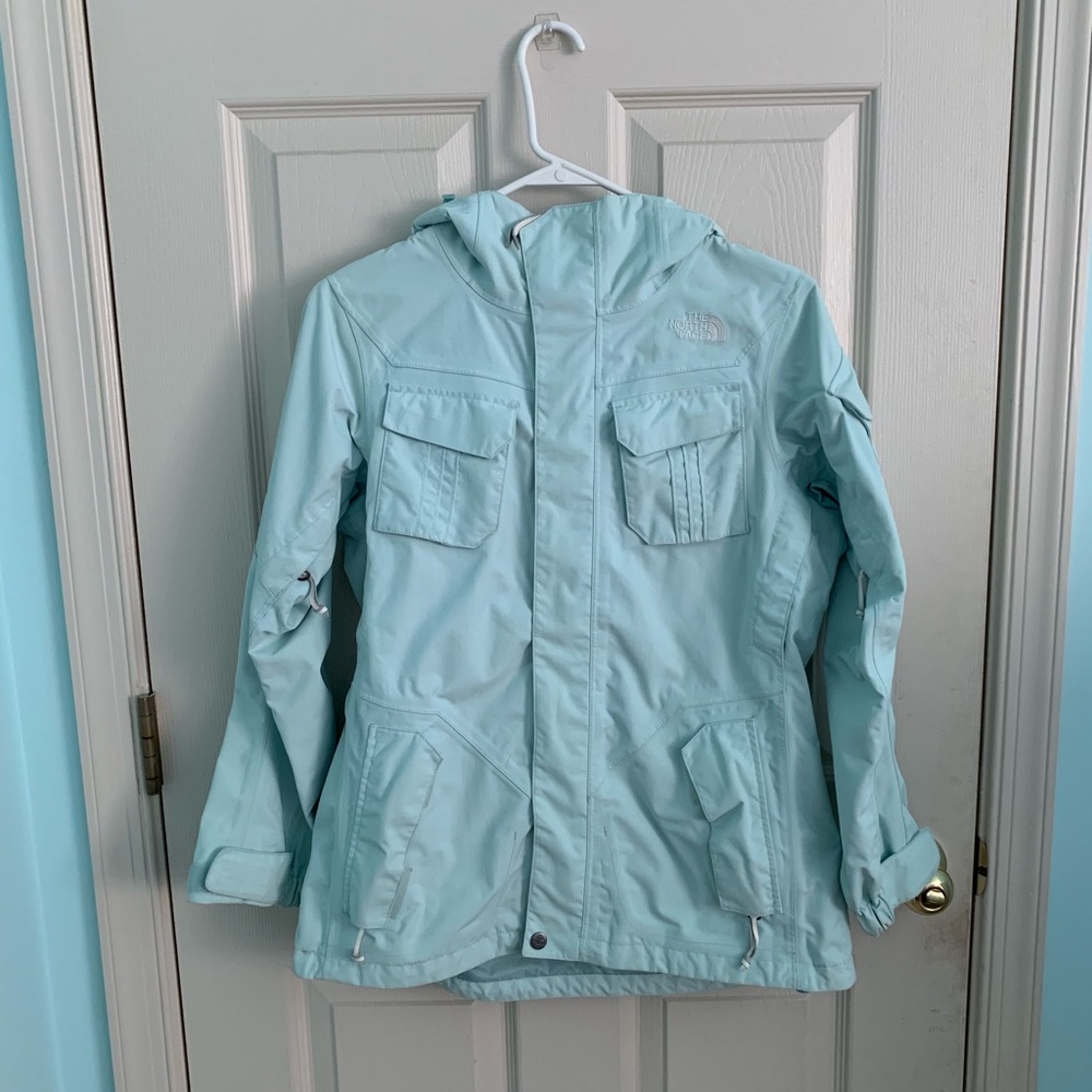 turquoise North Face rain jacket